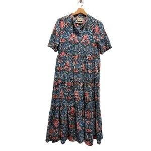 BECASA Womens Dress Size L Blue Floral Tiered Short Sleeve Boho Resortwear